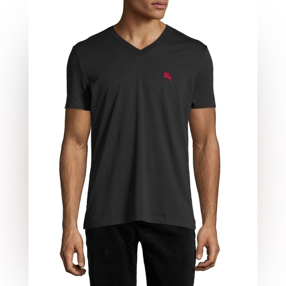 EUC Men’s Large Burberry Brit V-Neck Cotton Tee With Logo Embroidered In Blaack - Picture 3 of 14